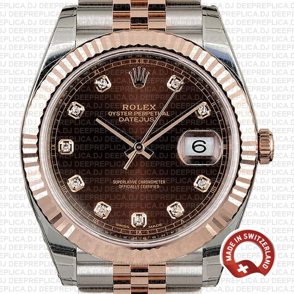 Rolex Replica Datejust 41 Jubilee Bracelet Two-Tone 18k Rose Gold 904L Steel Fluted Bezel Chocolate Dial Diamond