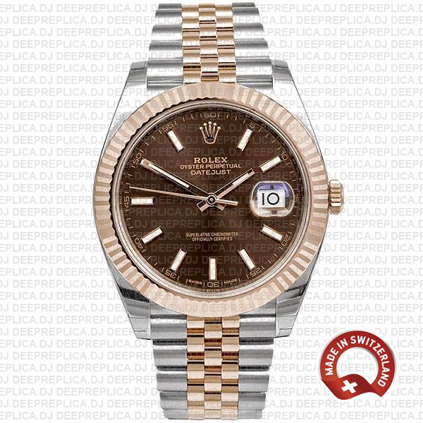 Rolex Datejust 41 Two-Tone 18k Rose Gold, Fluted Bezel Chocolate Dial 41mm with Jubilee Bracelet Swiss Replica Watch