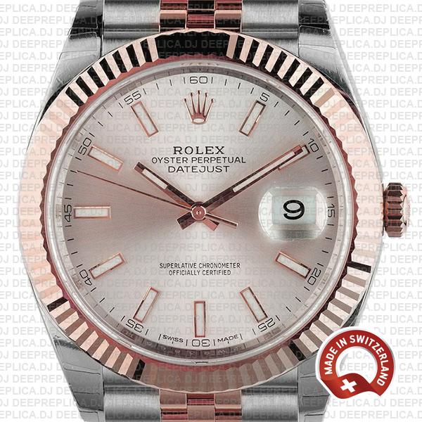 Rolex Datejust 41 Jubilee 2 Tone 18k Rose Gold Fluted Bezel Pink Sundust Dial Stick Markers 126331 Swiss Replica