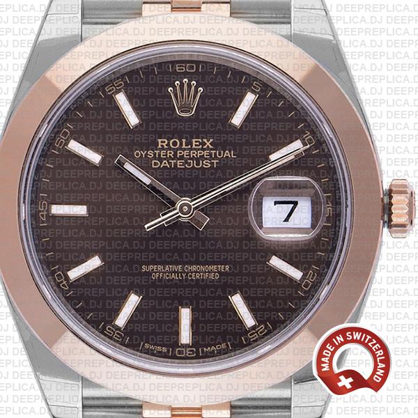 Rolex Oyster Perpetual Datejust 18k Rose Gold Two-Tone, Smooth Bezel Chocolate Dial 41mm with Jubilee Bracelet