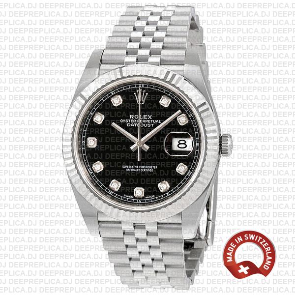 Rolex Datejust 904L Steel Black Diamond Dial 18k White Gold Fluted Bezel 41mm Jubilee Bracelet