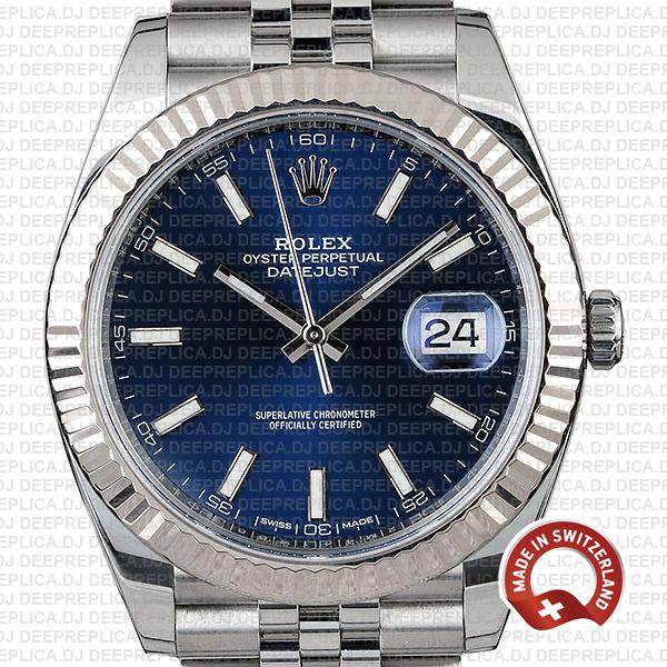 Rolex Datejust 41 Jubilee Bracelet 18k White Gold 904L Stainless Steel Blue Sticks Dial Fluted Bezel