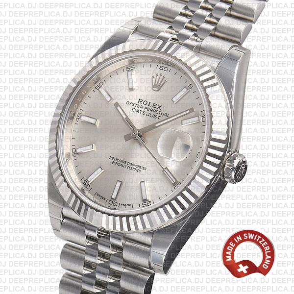 Rolex Datejust 18k White Gold 904L Stainless Steel Silver Dial Stick Markers Fluted Bezel