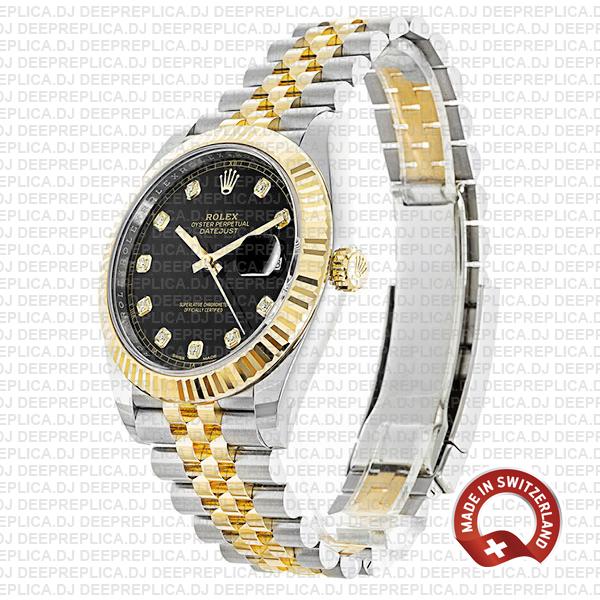 Rolex Datejust 18k Yellow Gold Two-Tone, 904L Steel Fluted Bezel Black Diamond Dial