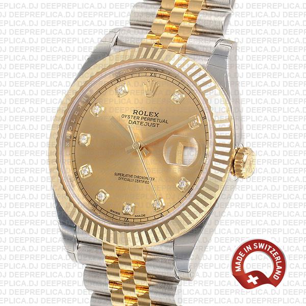 Rolex Datejust Two-Tone Jubilee Bracelet 18k Yellow Gold, Fluted Bezel Gold Diamond Dial 41mm