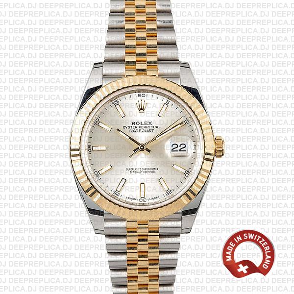 Rolex Datejust 41 Two-Tone 18k Yellow Gold, 904L Steel Fluted Bezel Silver Dial Stick Markers 41mm