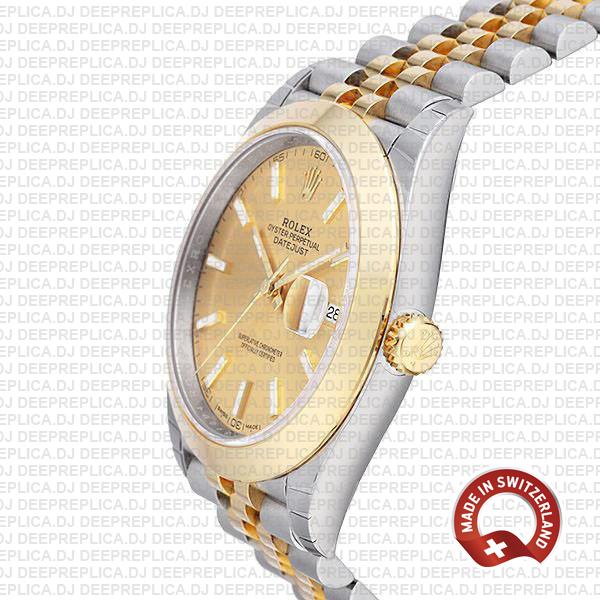 Rolex Datejust 41 Jubilee 2 Tone 18k Yellow Gold Smooth Bezel Gold Dial Stick Markers 126303 Swiss Replica
