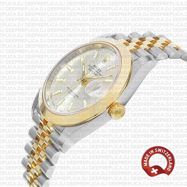 Rolex Datejust 41 Jubilee 2 Tone 18k Yellow Gold Smooth Bezel Silver Dial Stick Markers 126303 Swiss Replica