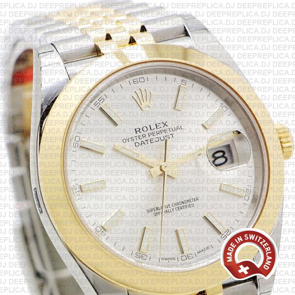 Rolex Datejust 41 Jubilee 2 Tone 18k Yellow Gold Smooth Bezel Silver Dial Stick Markers 126303 Swiss Replica