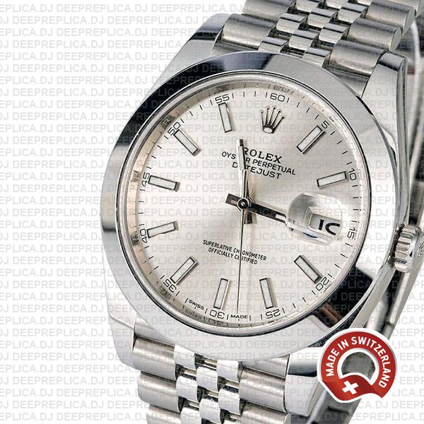 Rolex Datejust 41 Stainless Steel Silver Dial Rolex Replica Watch with Smooth & Fixed Bezel