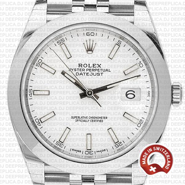 Rolex Datejust 41 Jubilee Steel Smooth Bezel White Dial Stick Markers 126300 Swiss Replica