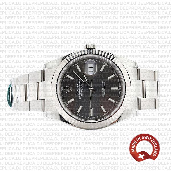 Rolex Datejust 41 Oyster 18k W Gold Fluted Bezel Rhodium Grey Dial Stick Markers 126334