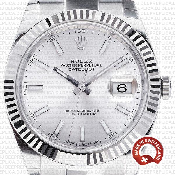 Rolex Datejust 18k White Gold Silver Dial Stainless Steel Fluted Bezel 41mm Oyster Bracelet