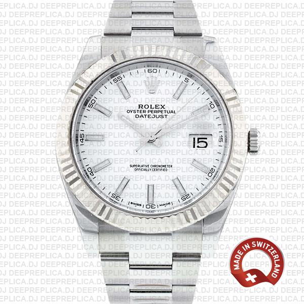 Rolex Datejust 41 904L Stainless Steel White Dial 18k White Gold Fluted Bezel 41mm with Oyster Bracelet