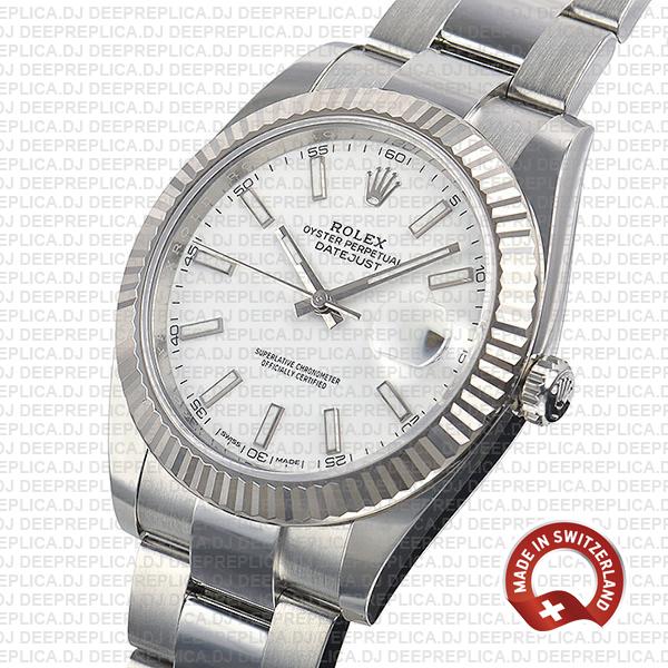 Rolex Datejust 41 Oyster 18k W Gold Fluted Bezel White Dial Stick Markers 126334