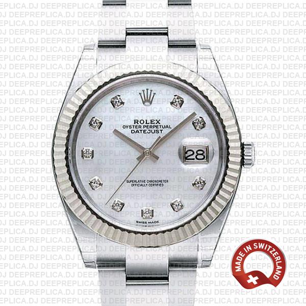 Rolex Datejust 41 Oyster 18k W Gold Fluted Bezel White Mop Dial Diamond Markers 126334