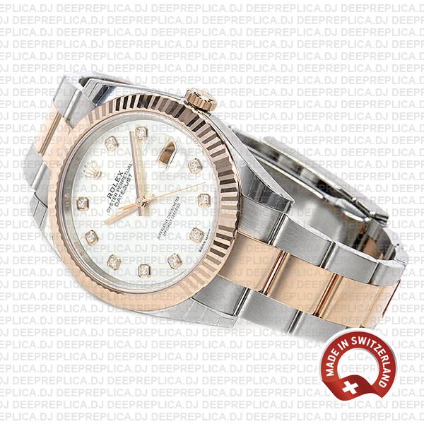 Rolex Datejust 18k Rose Gold Two-Tone, Fluted Bezel White Mother of Pearl Diamond Dial Clone Watch