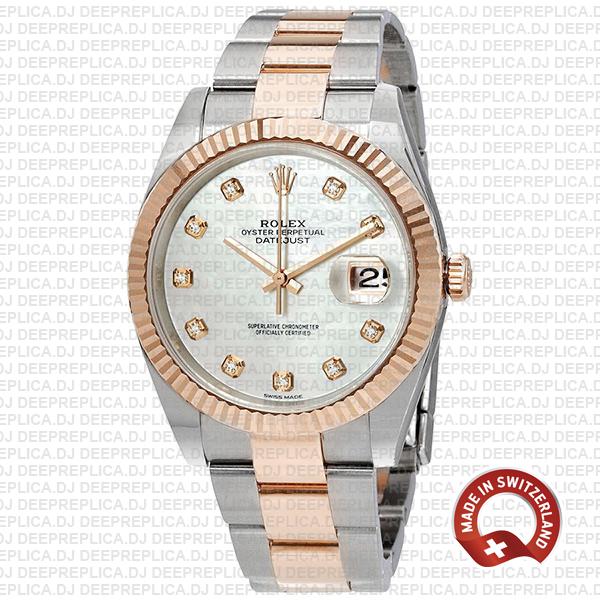 Rolex Datejust 18k Rose Gold Two-Tone, Fluted Bezel White Mother of Pearl Diamond Dial Clone Watch