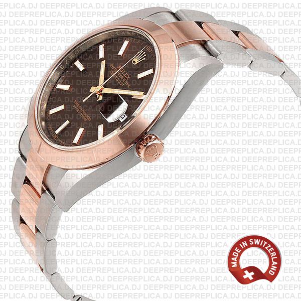 Rolex Datejust 41 Oyster 2 Tone 18k Rose Gold Smooth Bezel Chocolate Dial Stick Markers 126301 Swiss Replica