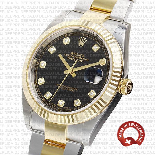 Rolex Datejust 41mm Two-Tone Black Dial adorned with Moissanite Diamonds & Fluted Bezel