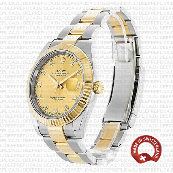 Rolex Datejust 41 Oyster 2 Tone 18k Yellow Gold Fluted Bezel Gold Dial Diamond Markers 126333 Swiss Replica