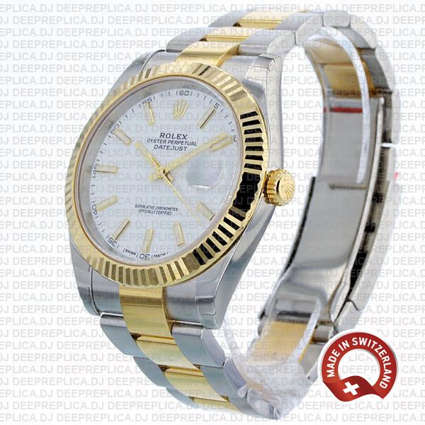 Rolex Datejust 41 Oyster 2 Tone 18k Yellow Gold Fluted Bezel White Dial Stick Markers 126333 Swiss Replica