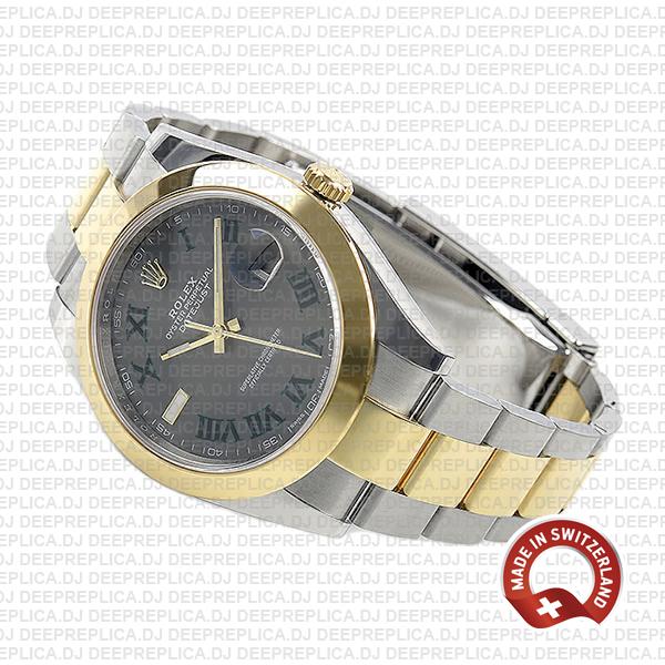 Rolex Datejust 41 Oyster 2 Tone 18k Yellow Gold Smooth Bezel Slate Grey Dial Roman Markers 126303 Swiss Replica