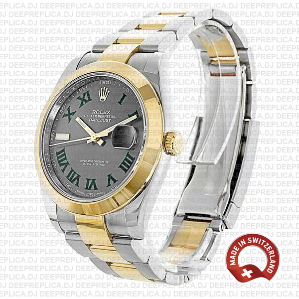 Rolex Datejust 41 Oyster 2 Tone 18k Yellow Gold Smooth Bezel Slate Grey Dial Roman Markers 126303 Swiss Replica