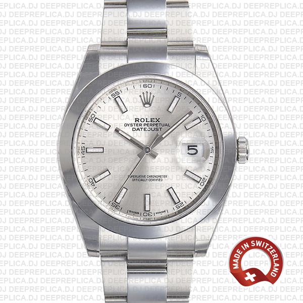 Rolex Datejust Stainless Steel Silver Dial 41mm Rolex Replica Watch with Smooth & Fixed Bezel