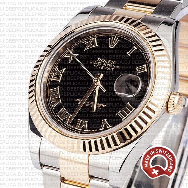 Rolex Datejust ΙΙ Two-Tone 18k Yellow Gold, 904L Steel Fluted Bezel Black Dial Gold Roman Markers 41mm