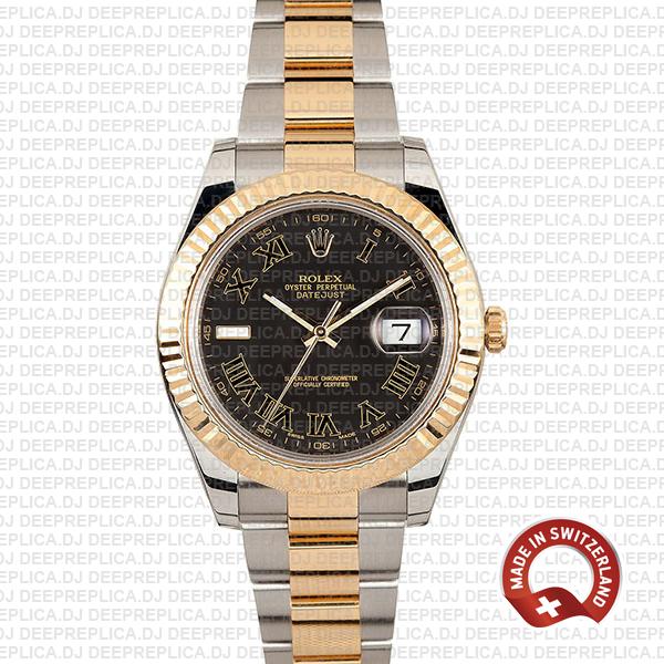 Rolex Replica Datejust ΙΙ 18k Yellow Gold, Stainless Steel in Black Roman Dial with Fluted Bezel Clone Watch