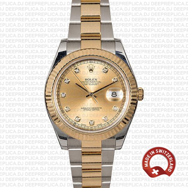 Rolex Datejust II Oyster Two-Tone 18k Yellow Gold, 904L Steel Fluted Bezel Gold Dial Diamond Markers 41mm