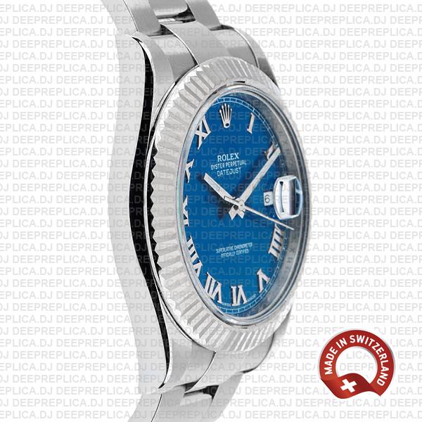 Rolex Datejust ΙΙ 904L Steel Blue Dial Roman Markers 18k White Gold Fluted Bezel 41mm Swiss Replica Watch