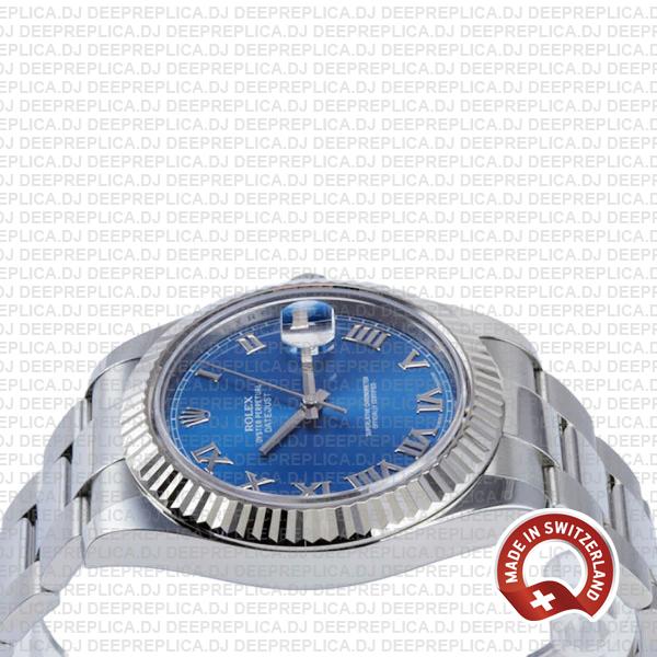 Rolex Datejust ΙΙ 904L Steel Blue Dial Roman Markers 18k White Gold Fluted Bezel 41mm Swiss Replica Watch