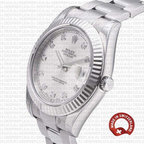 Rolex Datejust Ii Steel 18k White Gold Silver Diamonds 41mm 116334 Swiss Replica