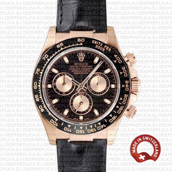 Rolex Cosmograph Daytona 18k Rose Gold Black Dial, comes with Leather Band Replica Watch 40mm