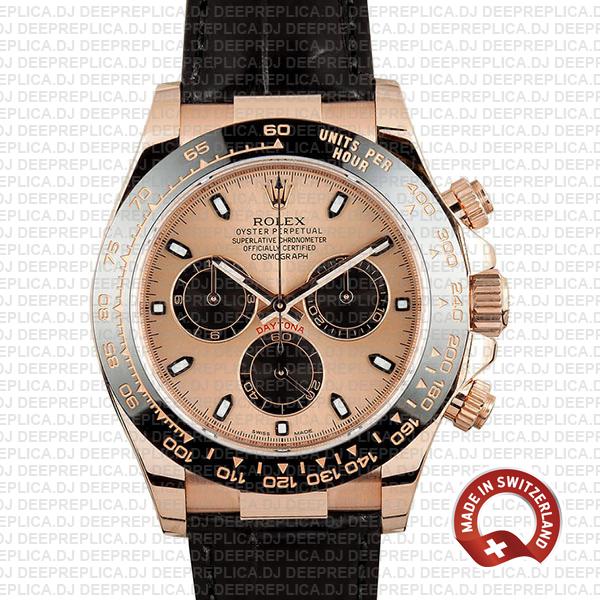 Rolex Daytona Leather Rose Gold Pink Black Ceramic 40mm 116515 Swiss Replica