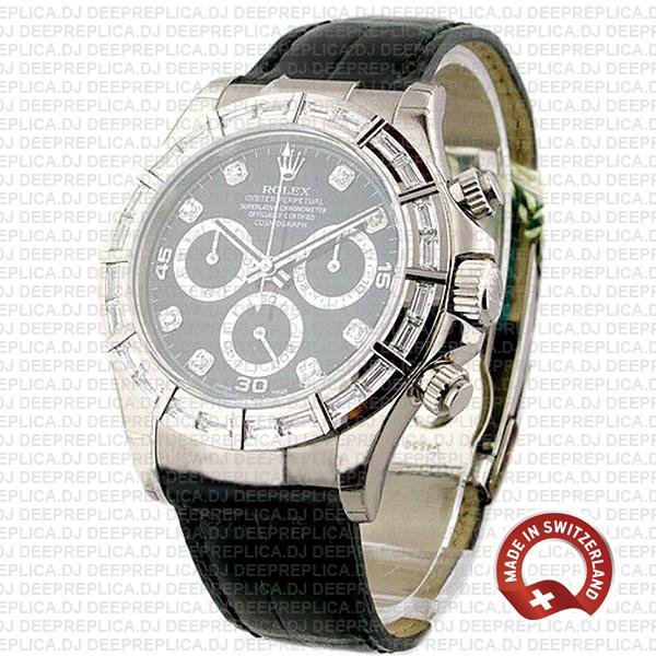 Replica Rolex Daytona 18k White Gold, Black Dial Diamond Hour Markers with Diamond Bezel Leather Strap 40mm