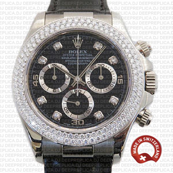 Rolex Oyster Perpetual Cosmograph Daytona 18k White Gold Black Diamond Dial Leather Strap 40mm