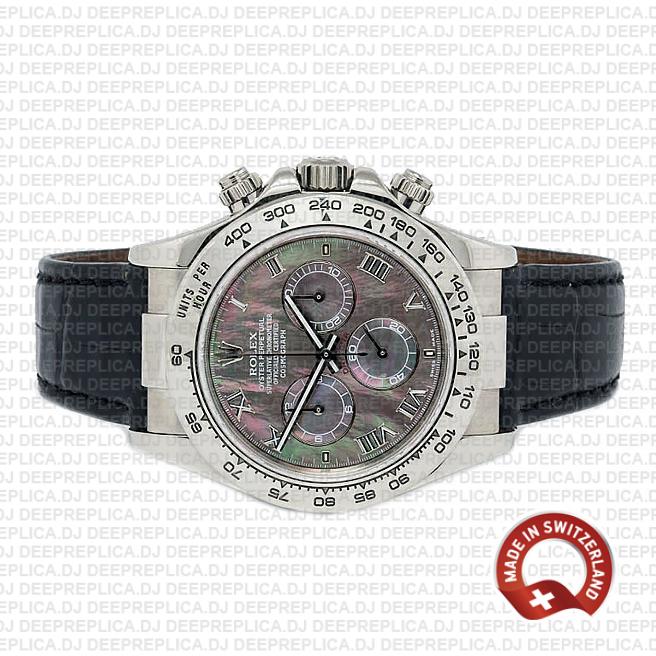 Rolex Cosmograph Daytona 40mm 18k White Gold 904L Steel Black MOP Dial Roman Markers Leather Strap