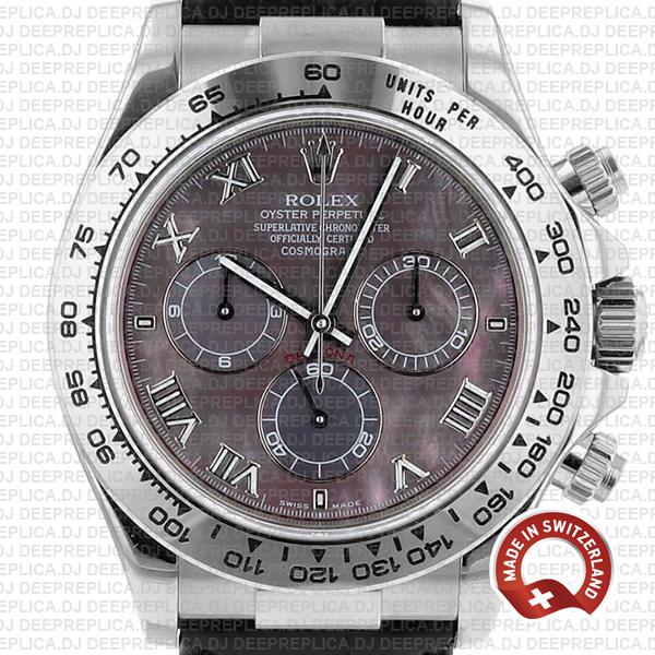 Rolex Cosmograph Daytona 40mm 18k White Gold 904L Steel Black MOP Dial Roman Markers Leather Strap