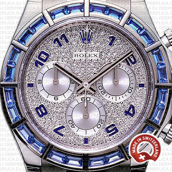 Rolex Daytona 18k White Gold Blue Diamonds Dial 40mm with Arabic Numerals Leather Strap Luxury Replica Watch
