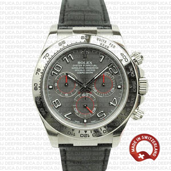Rolex Daytona Leather Strap 18k White Gold Stainless Steel, Grey Dial with Arabic Markers Replica Watch