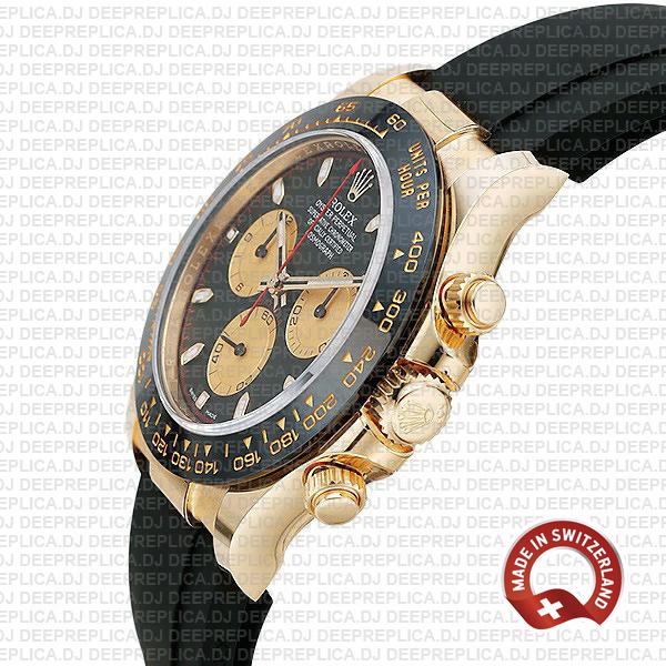 Rolex Cosmograph Daytona 18k Yellow Gold Black Panda Dial with Rubber Strap 40mm Swiss Replica Watch