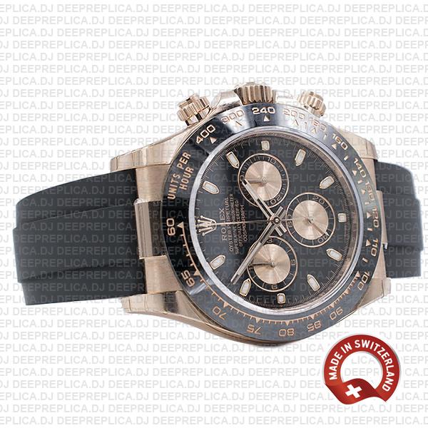 Rolex Cosmograph Daytona 18k Rose Gold Black Dial, comes with Rubber Strap Swiss Replica 40mm