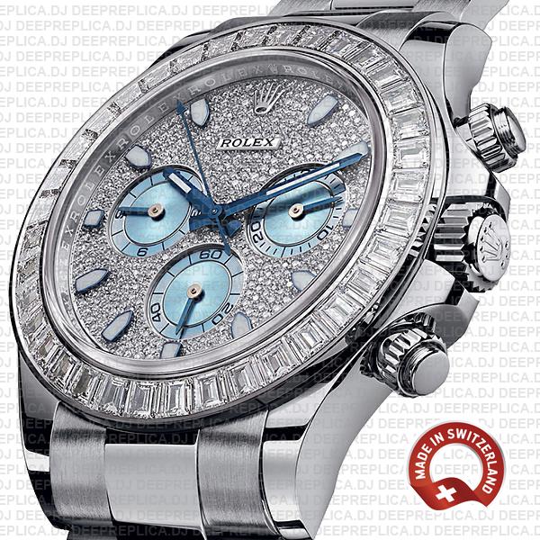 Rolex Oyster Perpetual Cosmograph Daytona in Platinum Diamond Dial & Bezel with Ice Blue Subdials Luxury Replica Watch