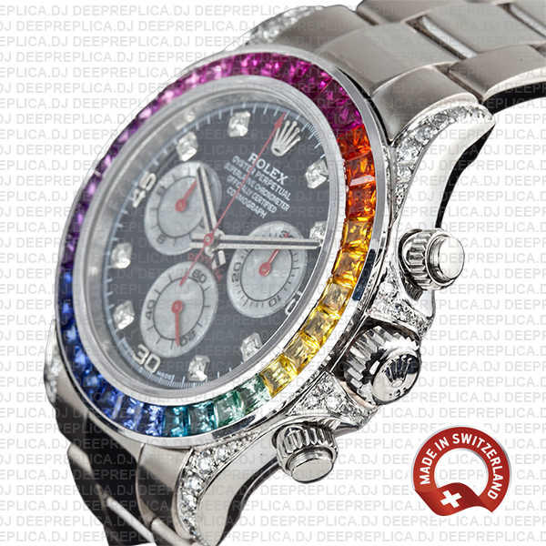 Rolex Daytona Rainbow Bezel Black Diamond Replica Watch