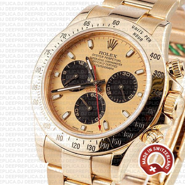 Rolex Daytona Gold 904L Stainless Steel Gold Panda Dial with Black Subdials & Oyster Bracelet Swiss Replica Watch