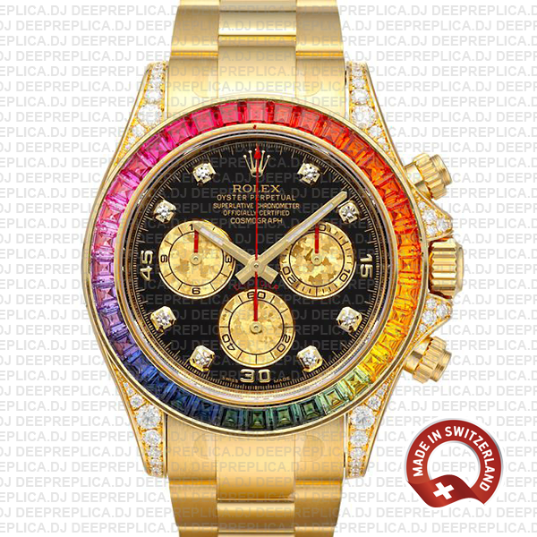 Rolex Daytona Yellow Gold Rainbow Bezel Swiss Replica Watch