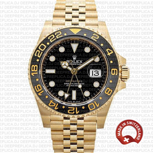 Rolex Gmt-master Ii Jubilee 18k Yellow Gold Black Dial Ceramic Bezel 40mm Swiss Made Replica Superclone Watch Ref.126718grnr